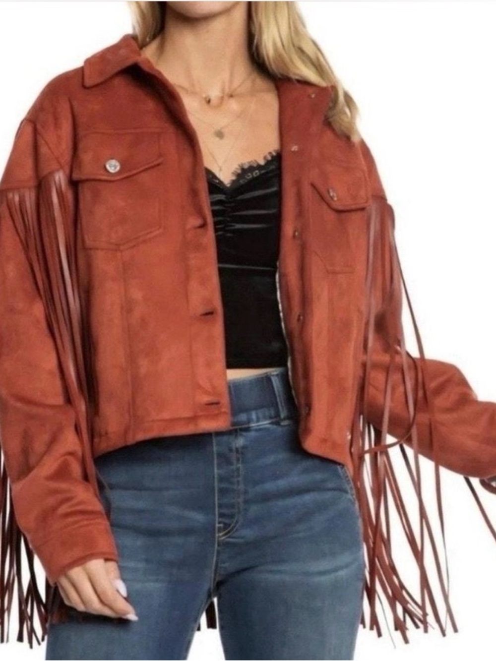 Juicy Couture Fringe Jacket Western Style Faux Suede Rust Brown Jacket